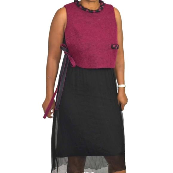 Midi Dress Red Two Tone Overlay Vest Black Mixed Texture Sheer Colorblock Small - Picture 13 of 15